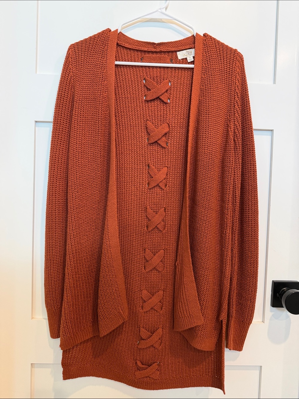 NWOT Women’s Open-Front Rust Knit Cardigan with Decorative Bows